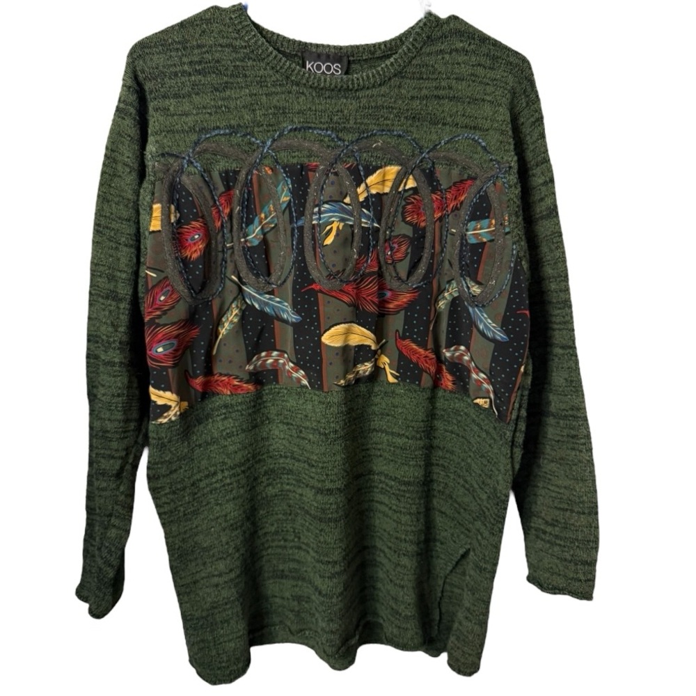 Vintage 90's Koos of Course Green Feather Print Art-to-Wear Sweater Size M